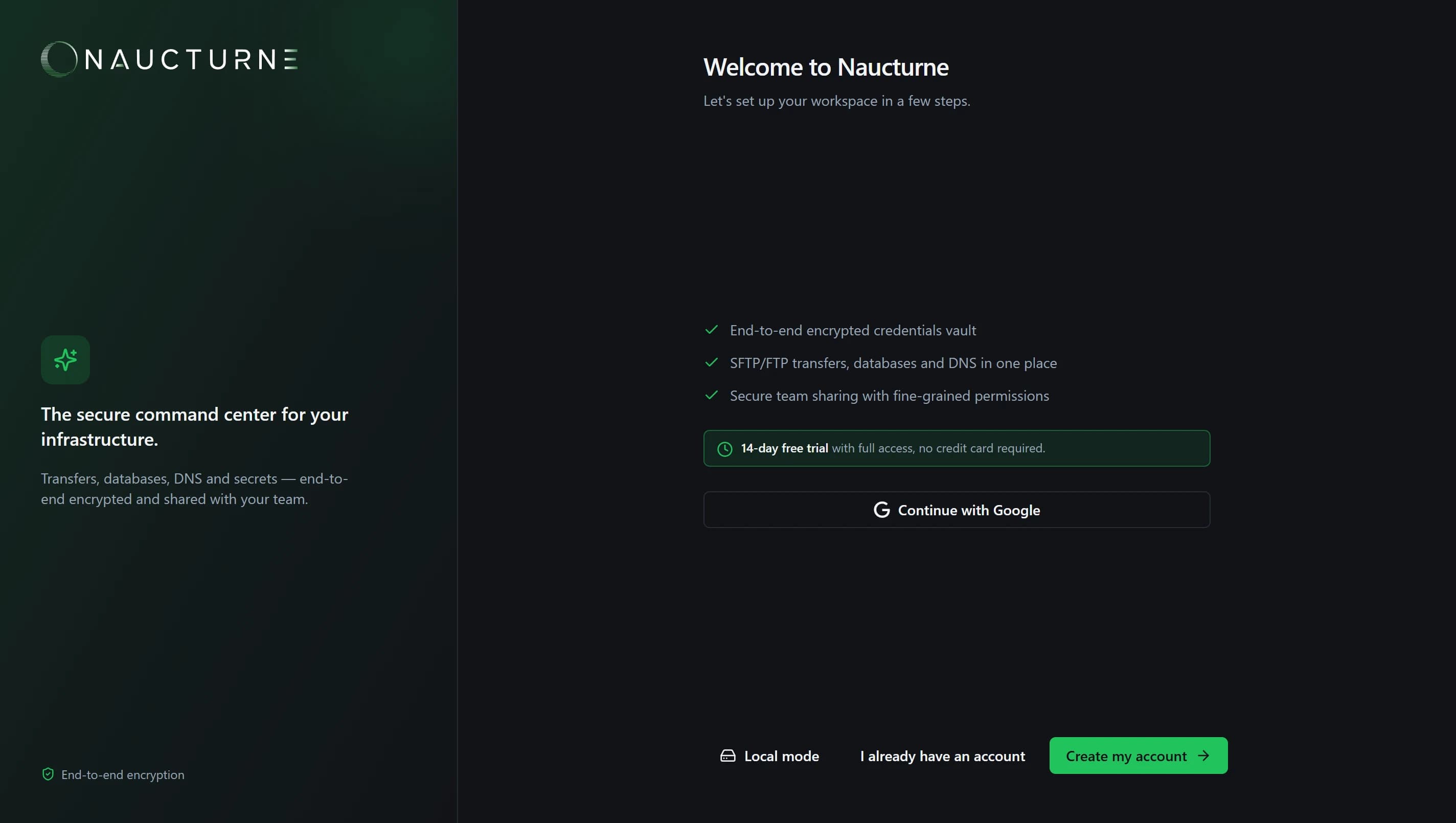 Naucturne welcome screen with account creation