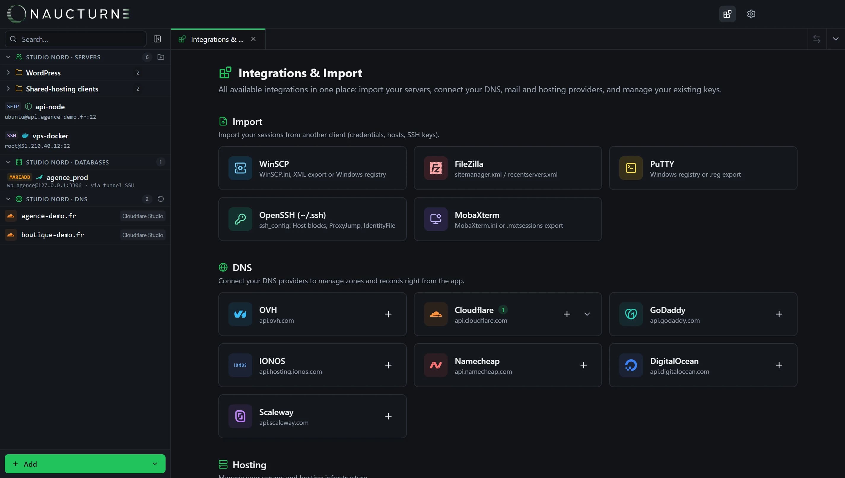 Naucturne Integrations and Import view