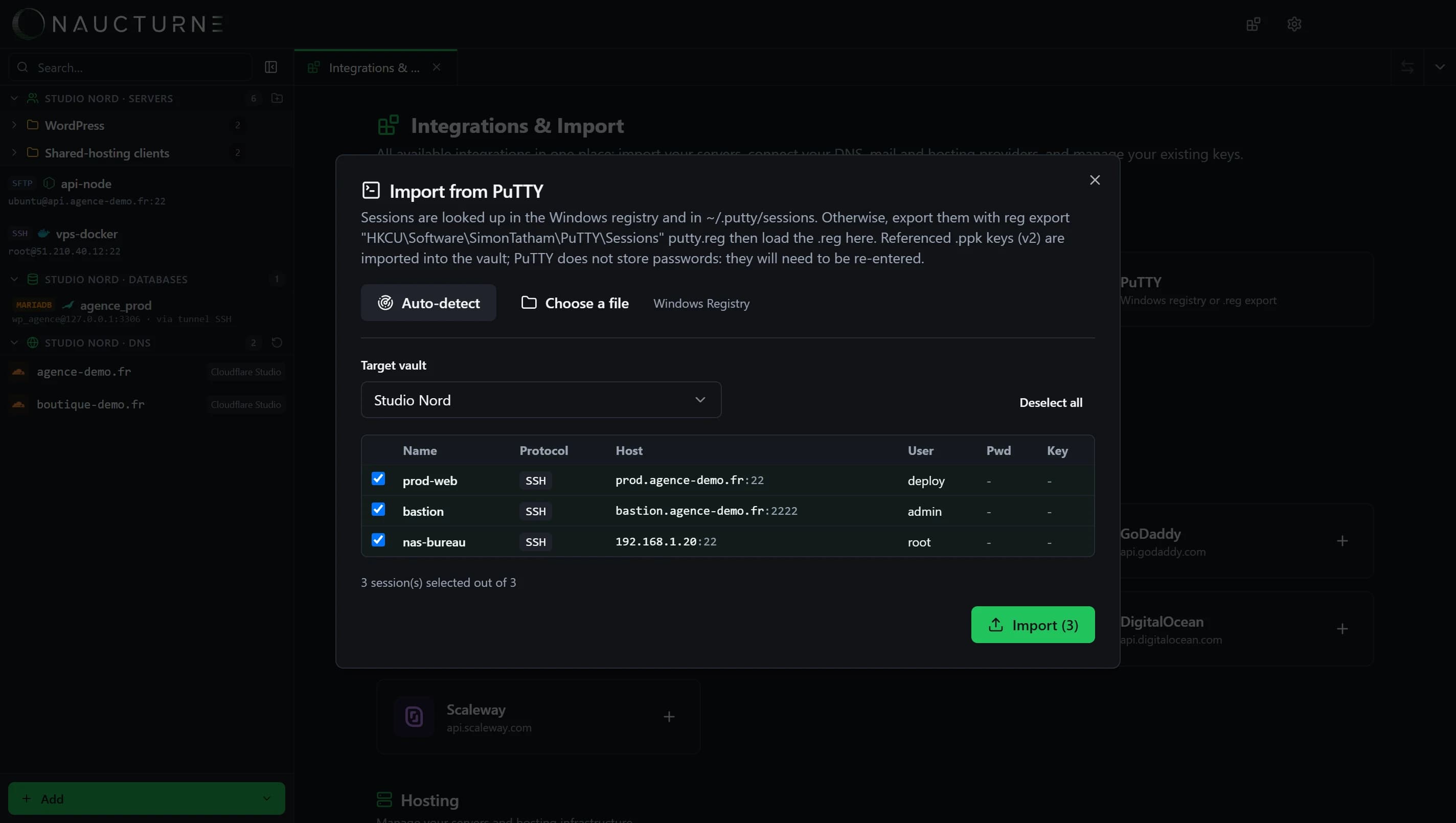 Screenshot der PuTTY-Integration in Naucturne