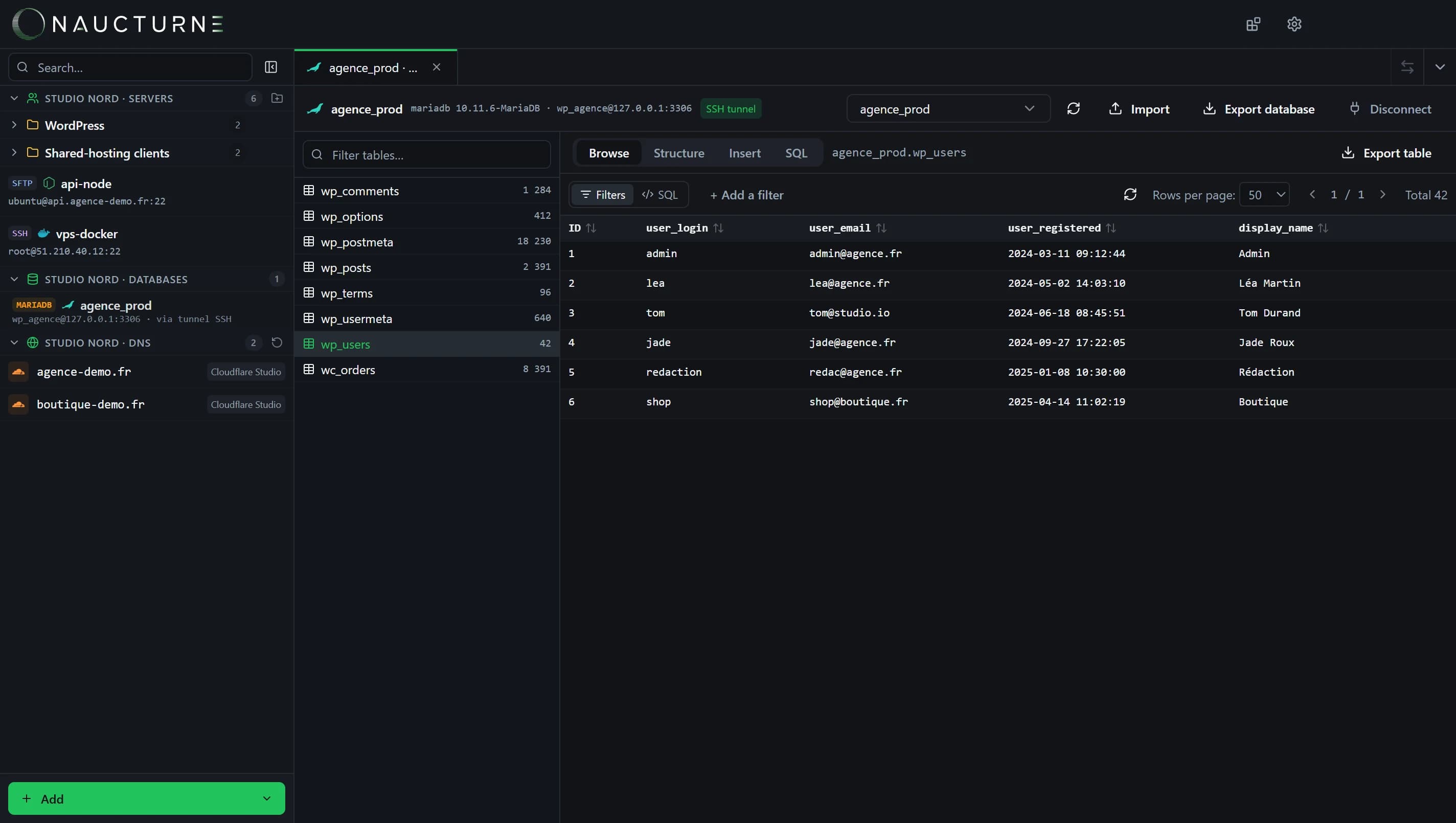 Naucturne database client showing the wp_users table