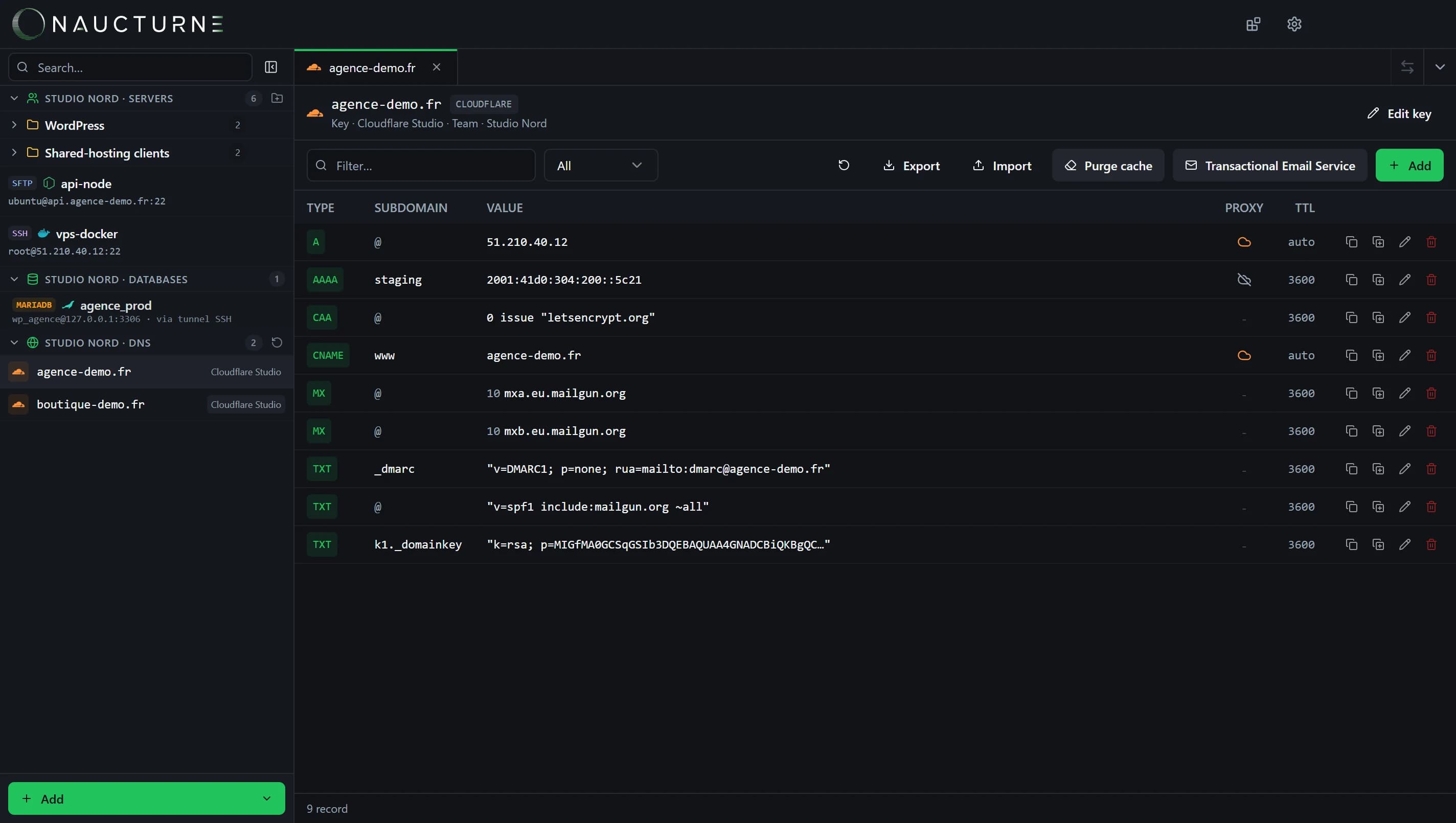 Screenshot der Cloudflare-Integration in Naucturne