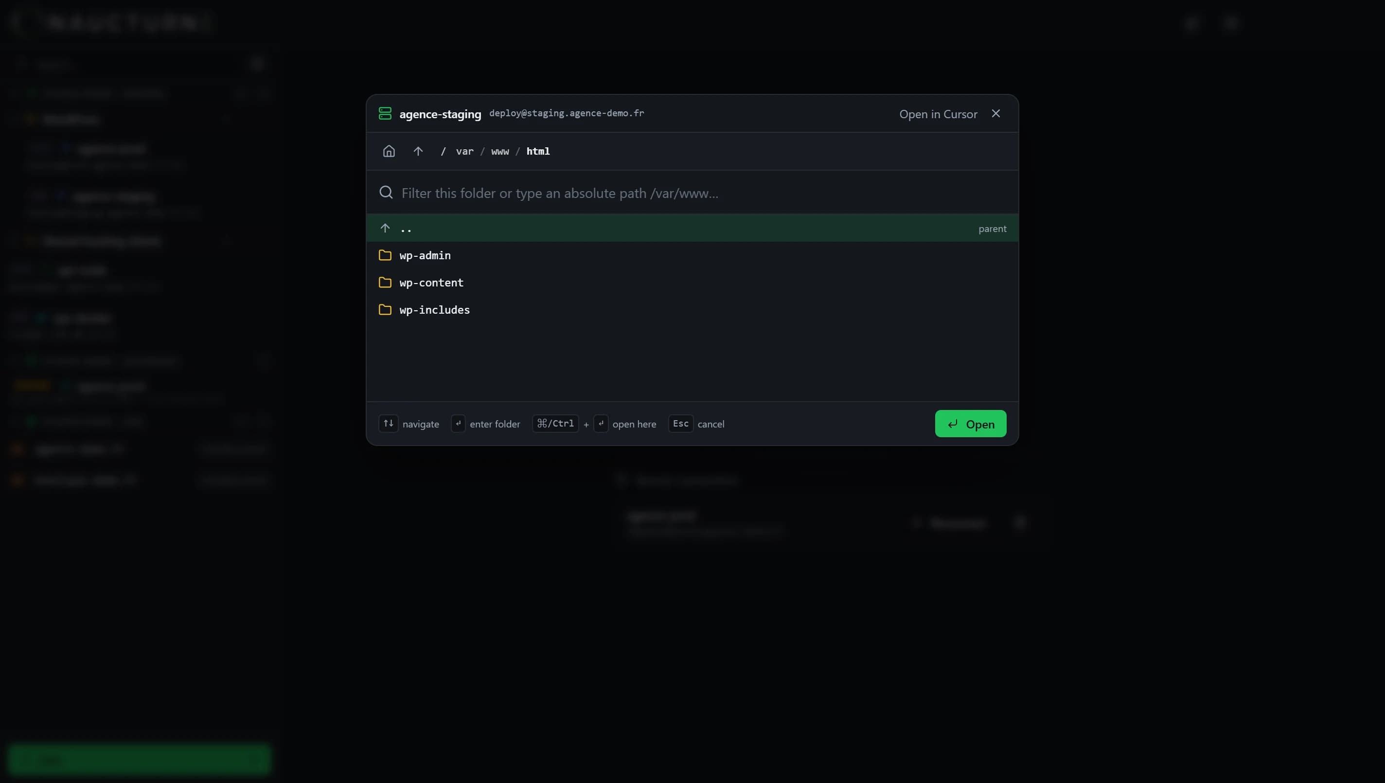 Remote folder picker before opening in Cursor