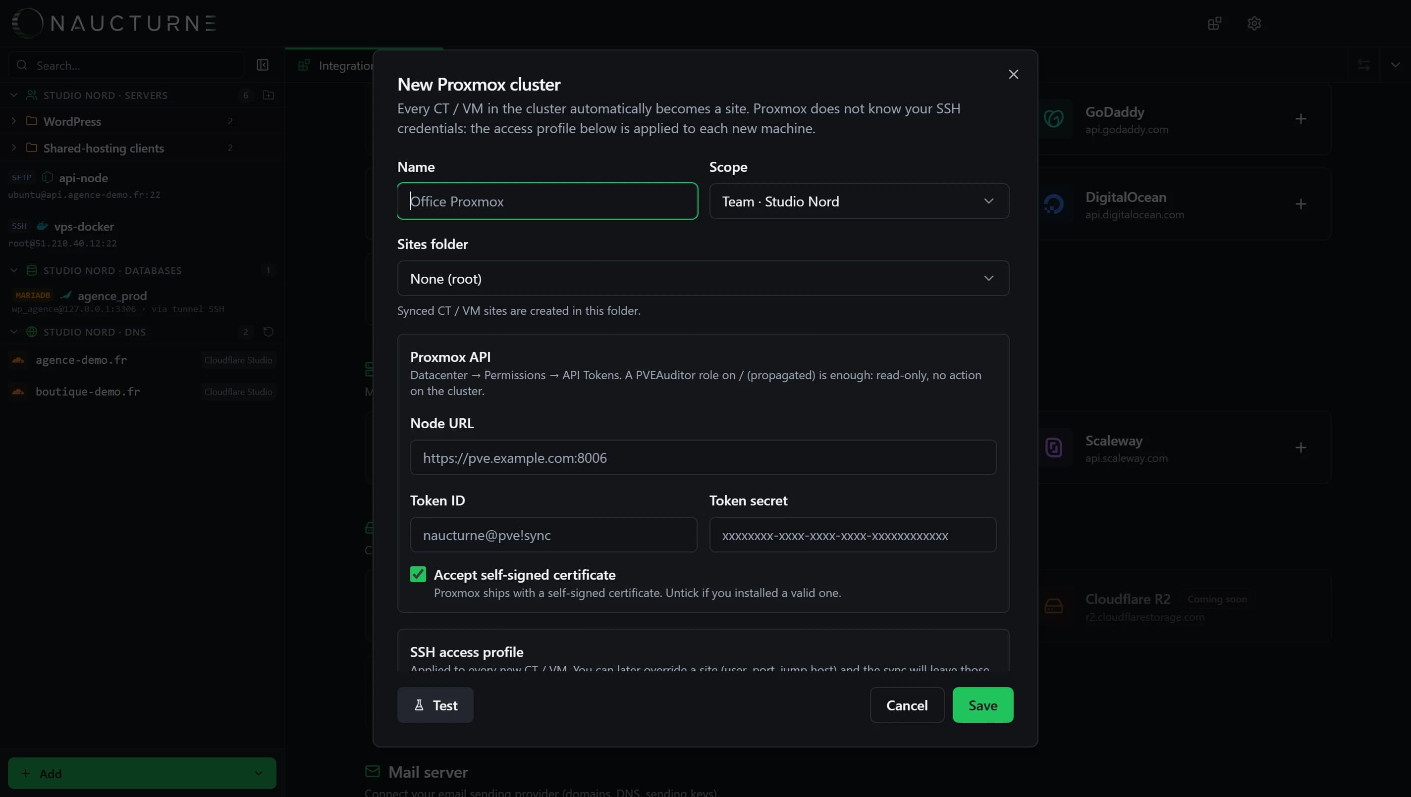 Proxmox cluster connection form