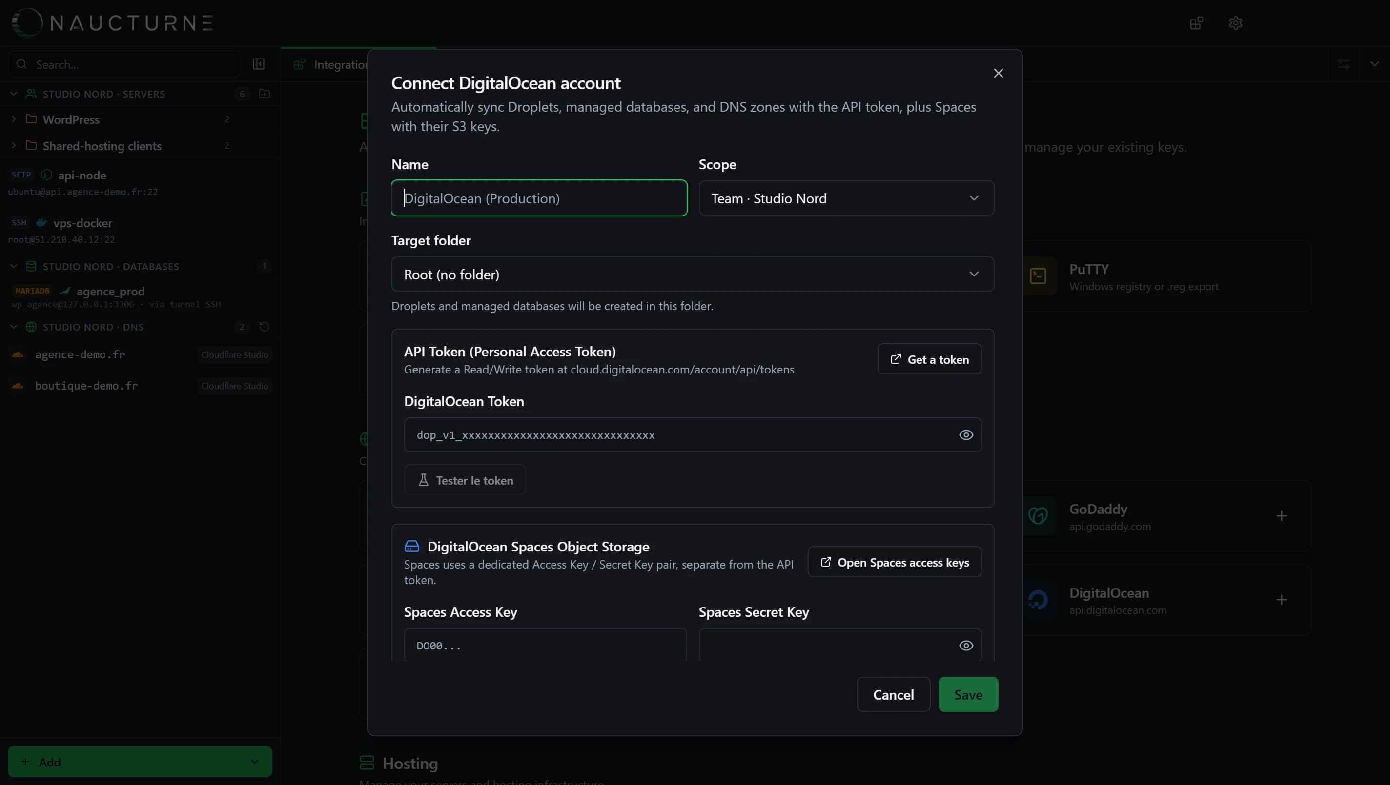 Screenshot der DigitalOcean-Integration in Naucturne