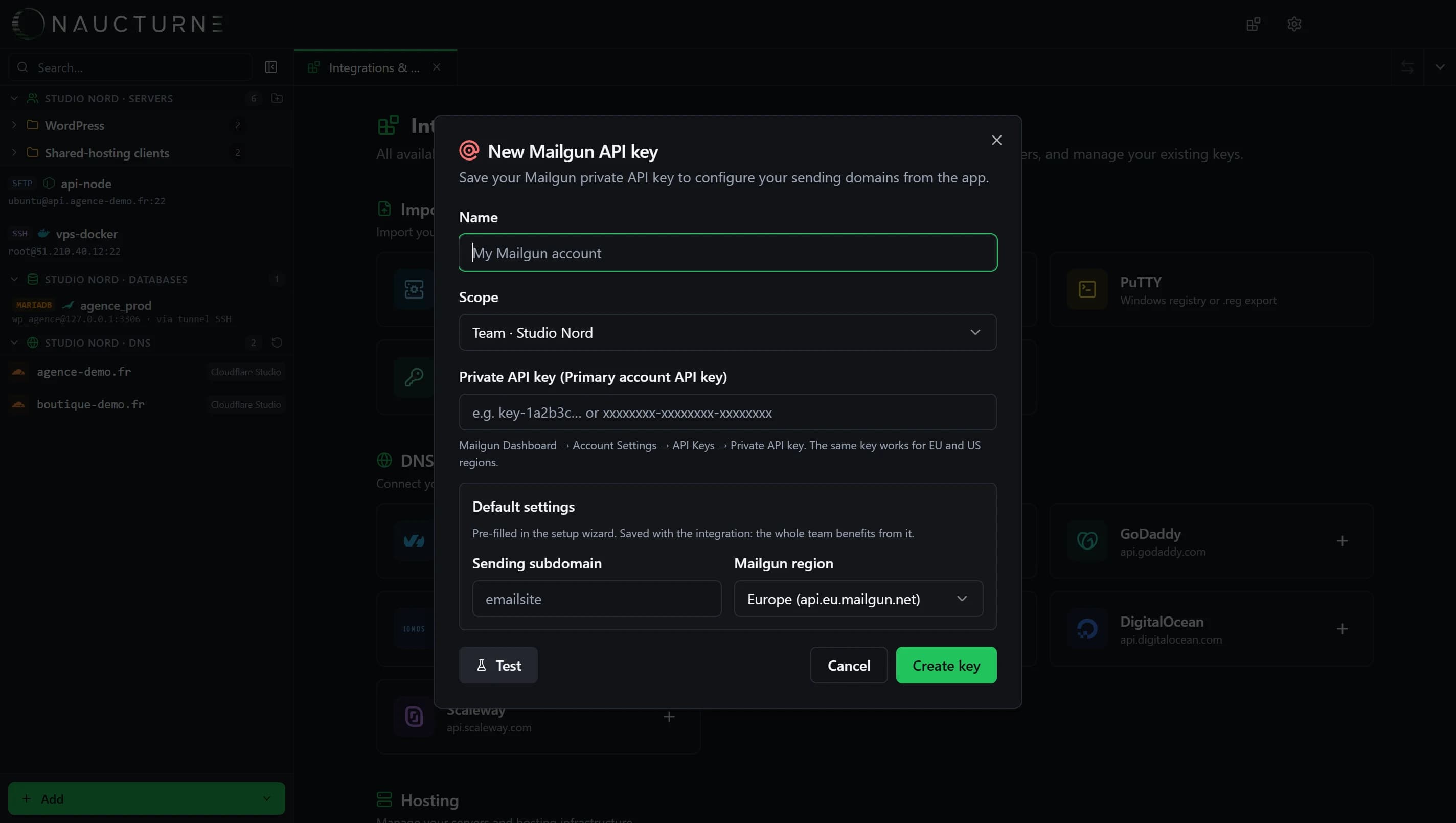 Screenshot of the Mailgun integration in Naucturne