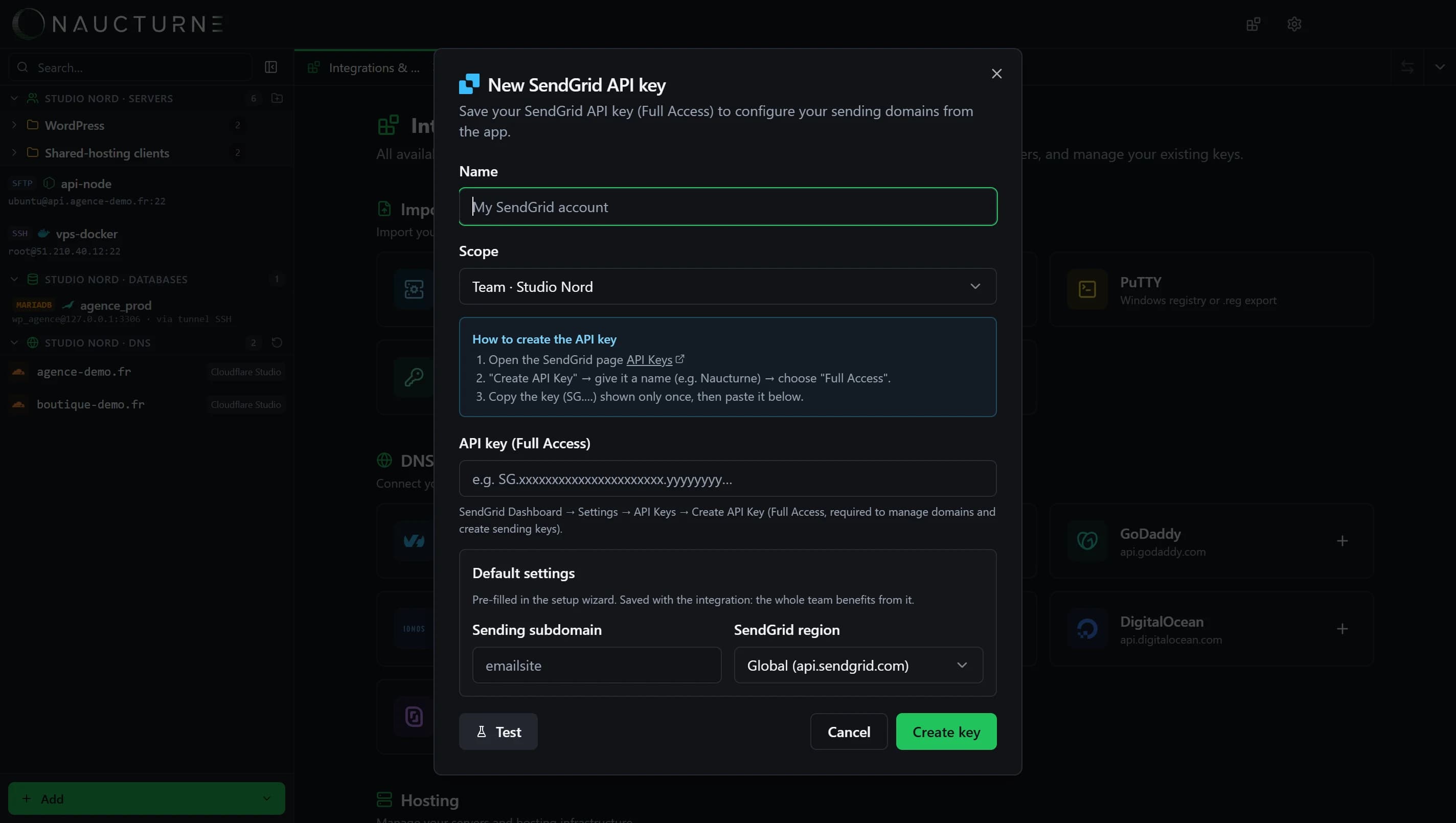 Screenshot der SendGrid-Integration in Naucturne
