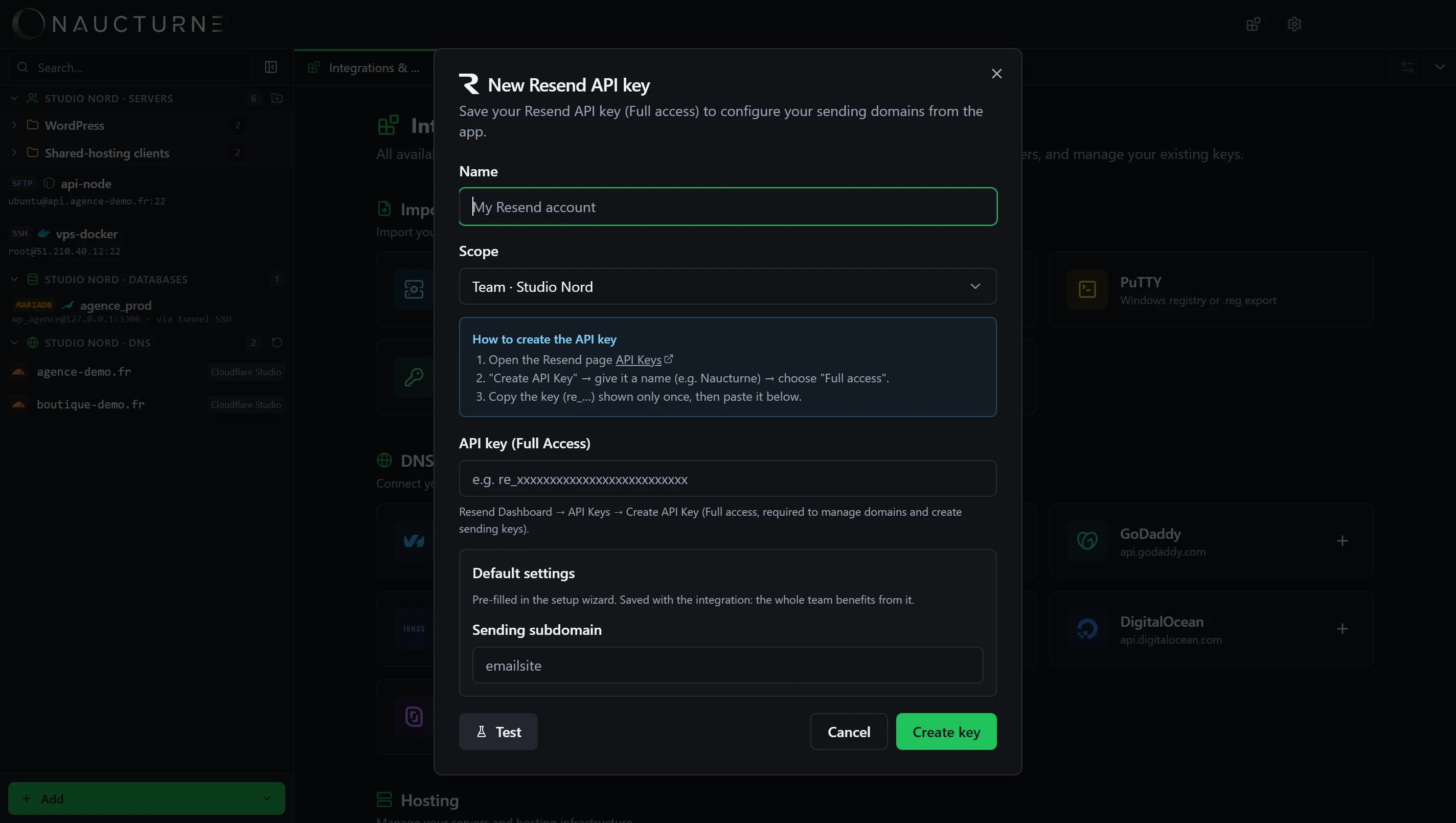 Screenshot of the Resend integration in Naucturne
