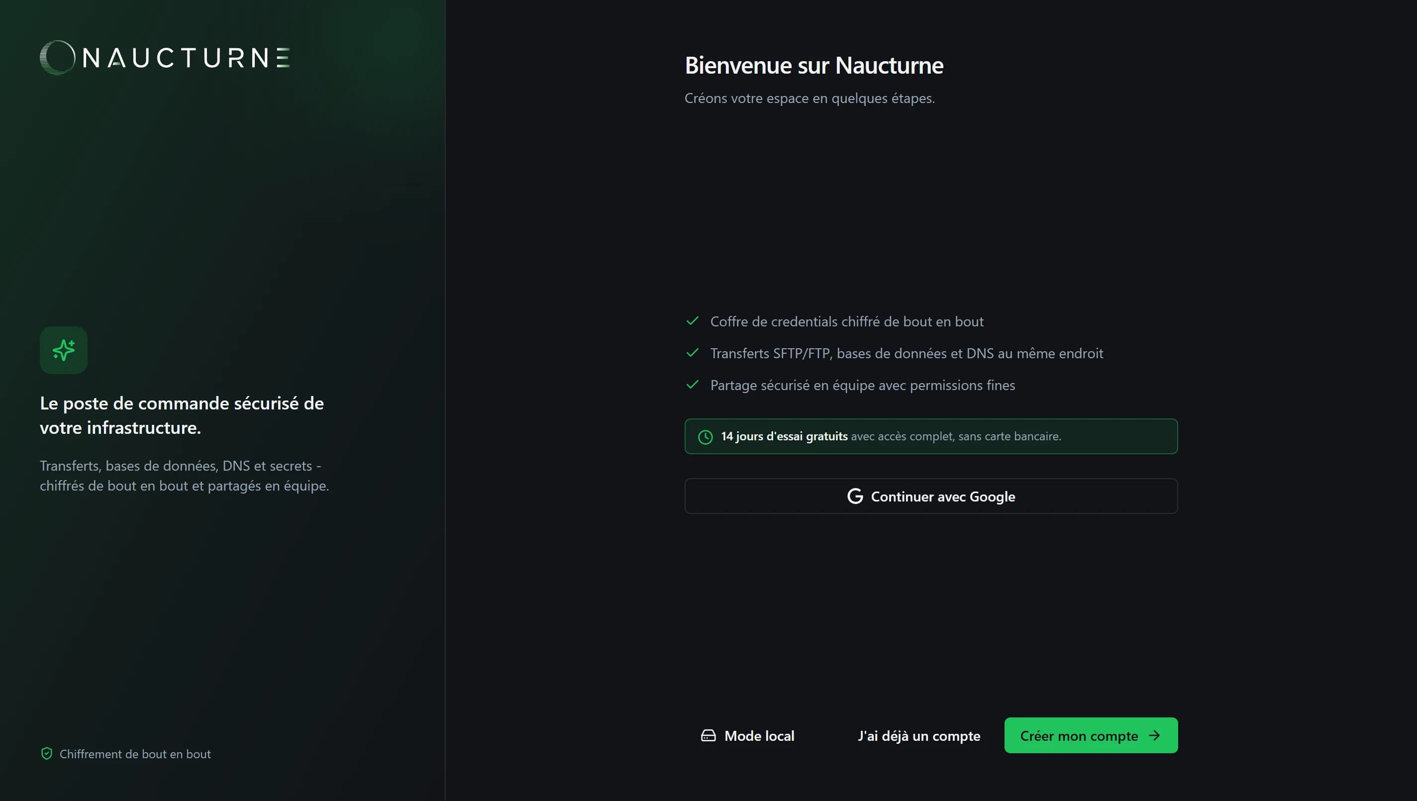 Écran d'accueil de Naucturne avec la création de compte