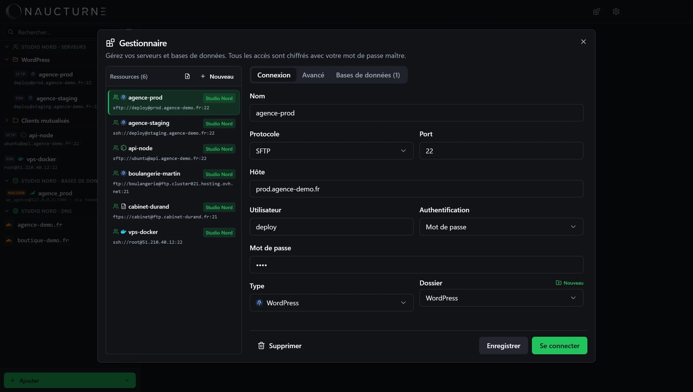 Gestionnaire de sites avec les champs de connexion
