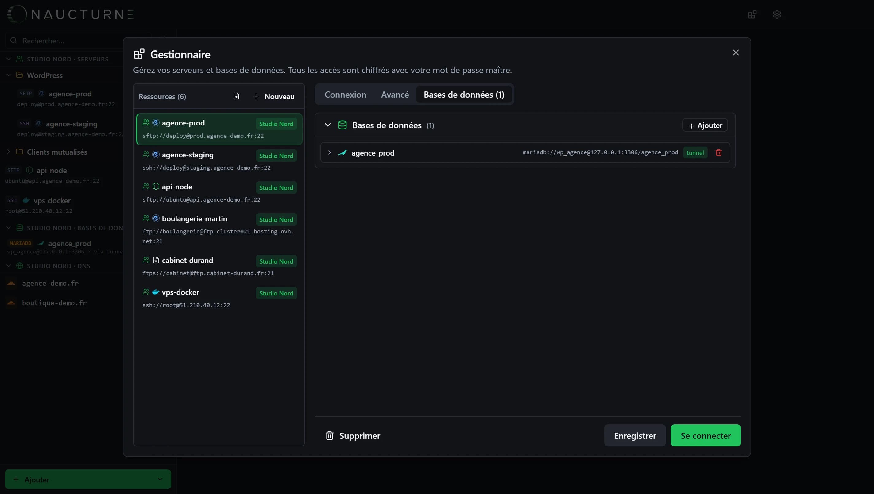 Onglet Bases de données du gestionnaire de sites