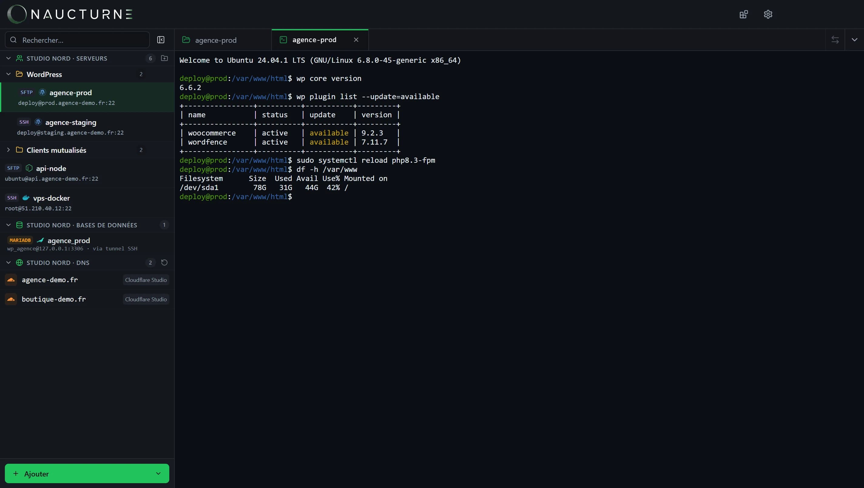 Terminal SSH intégré dans un onglet Naucturne