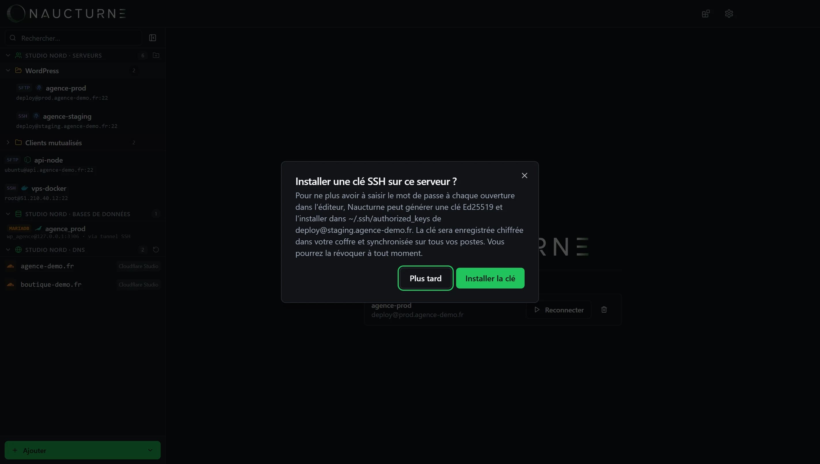 Proposition d'installer une clé SSH sur le serveur