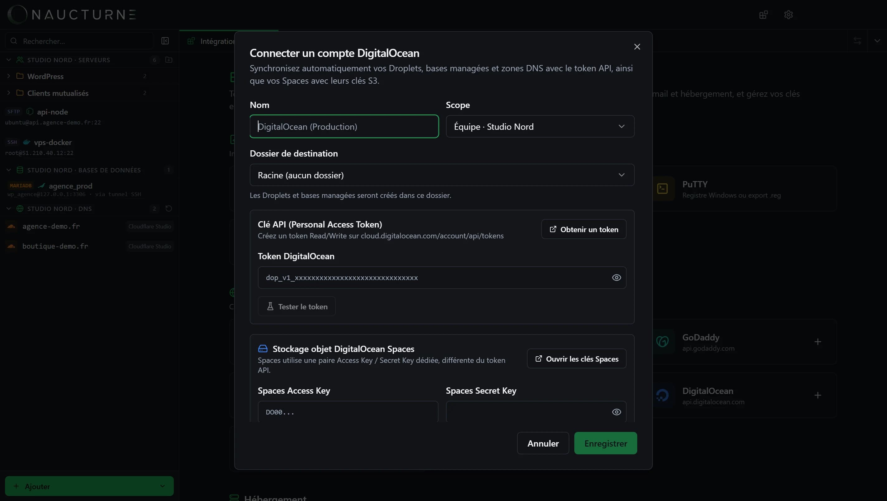 Capture de l'intégration DigitalOcean dans Naucturne