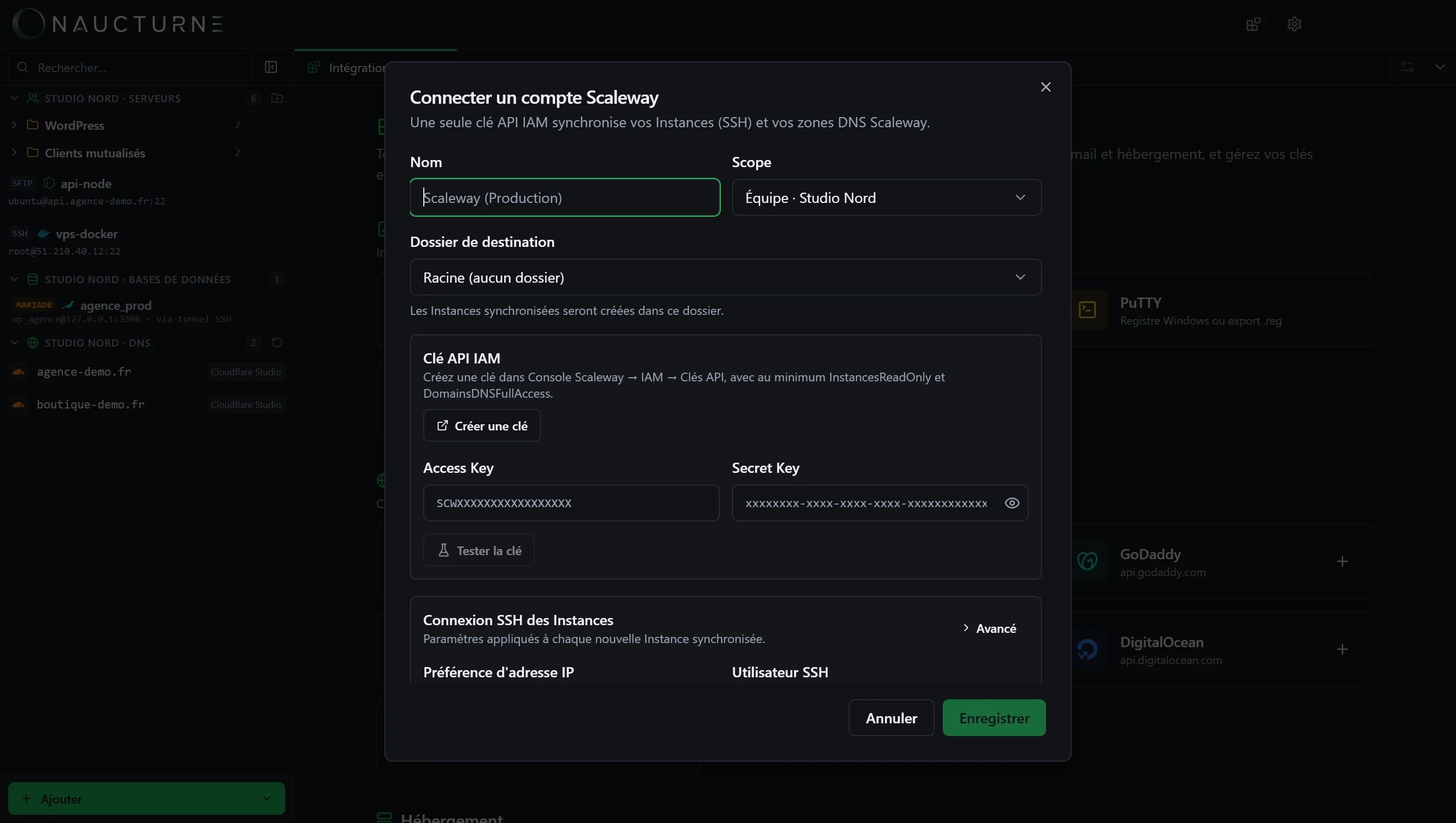 Capture de l'intégration Scaleway dans Naucturne
