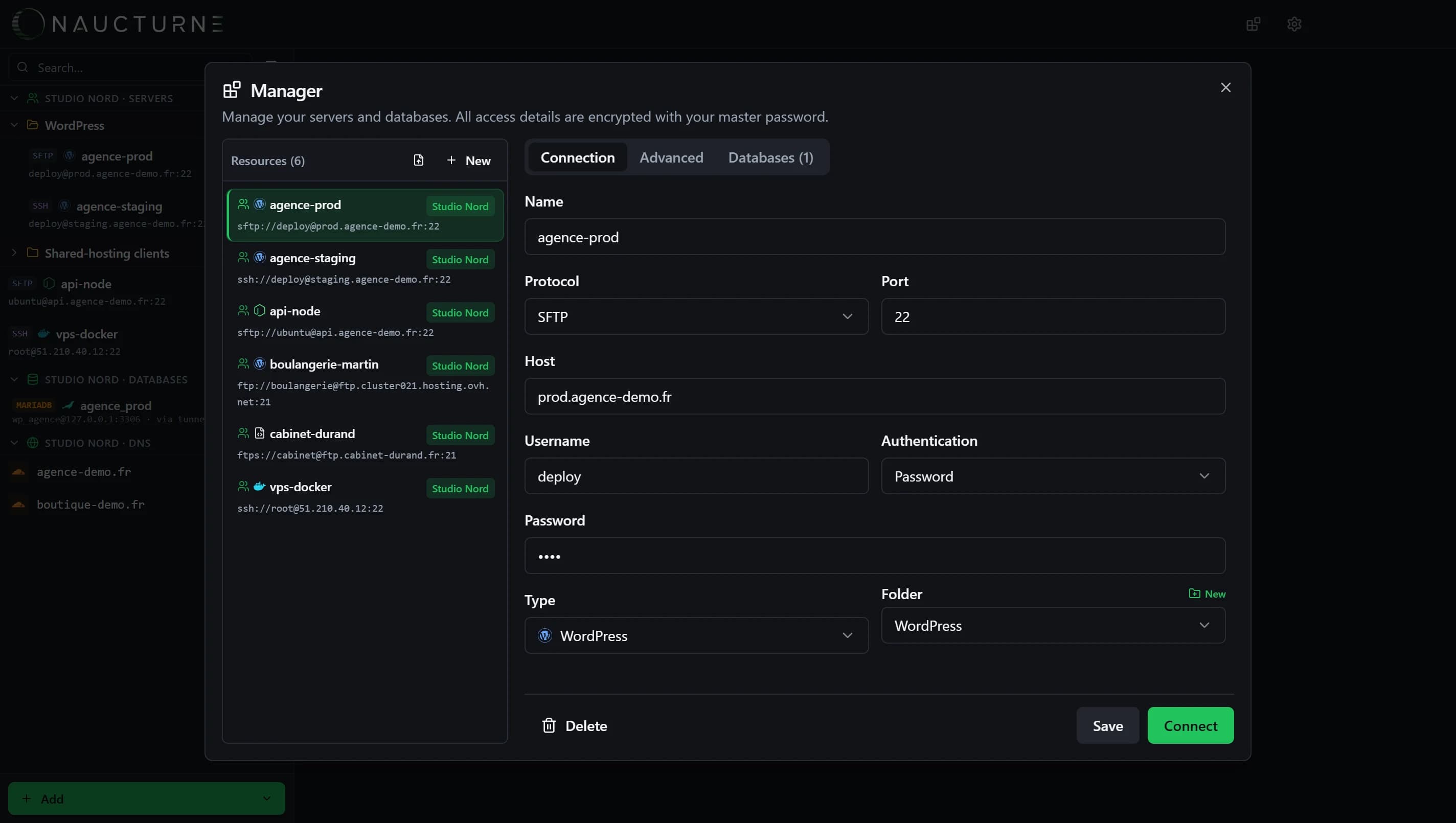 Site manager with connection fields