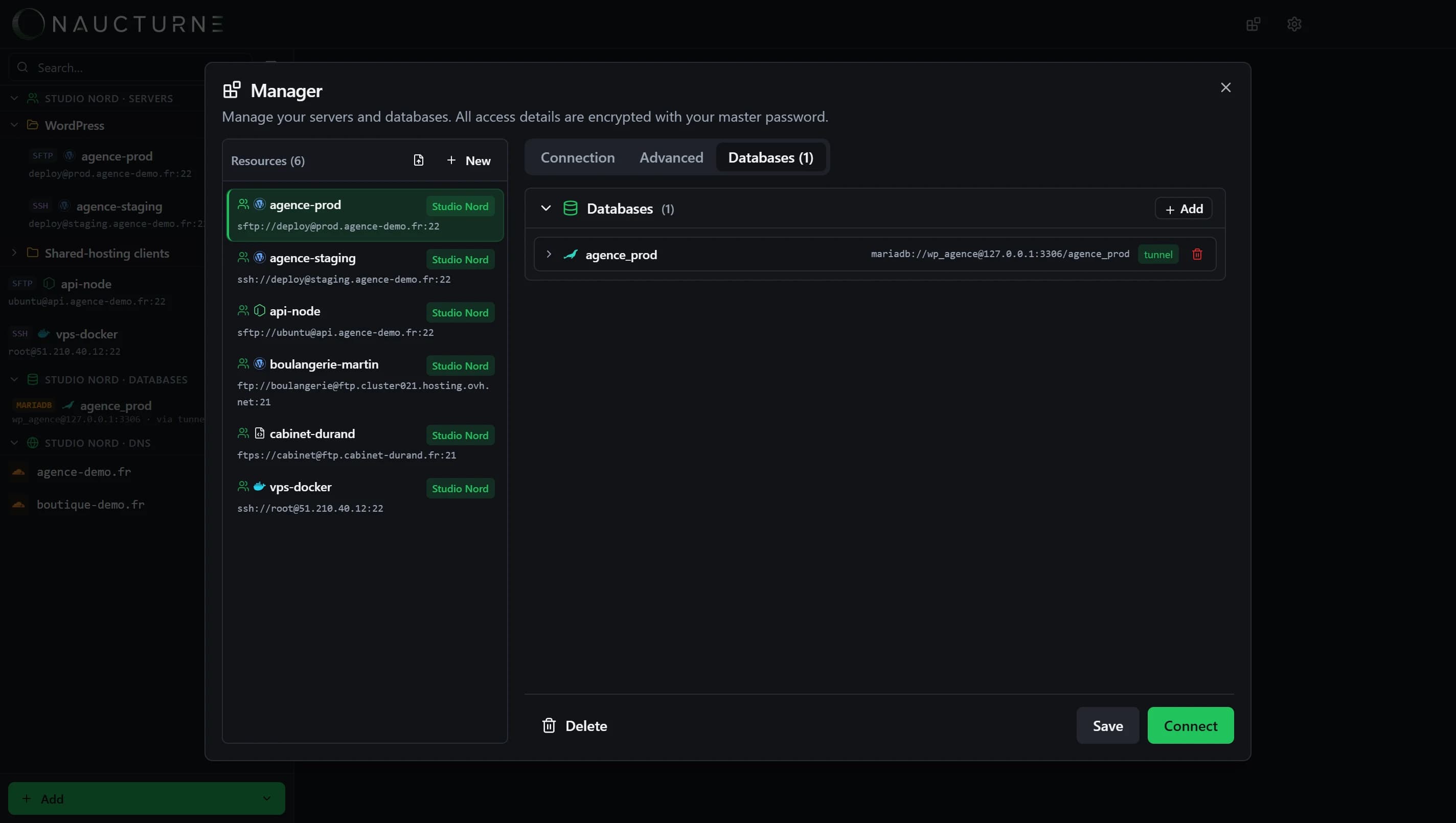 Databases tab of the site manager